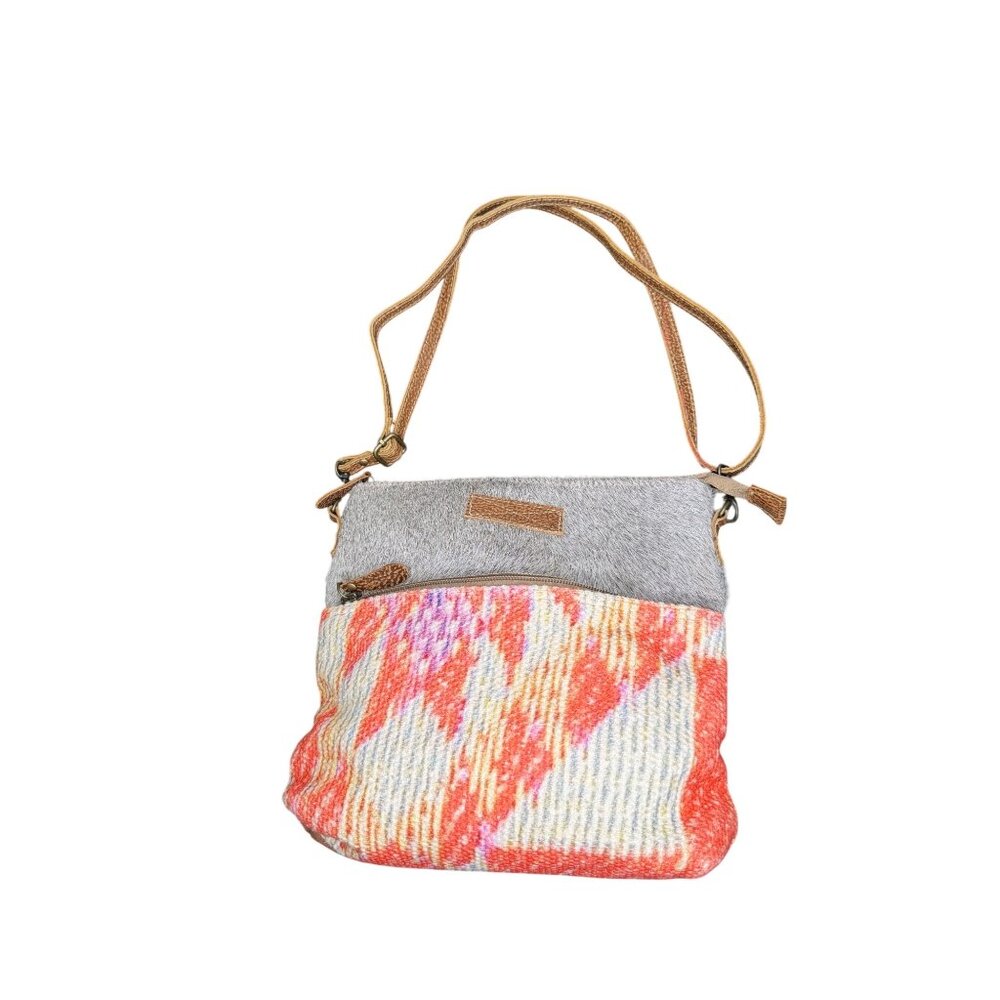 Myra Bag Boho Canvas & Hair-On Hide Crossbody Shoulder Purse Leather Strap